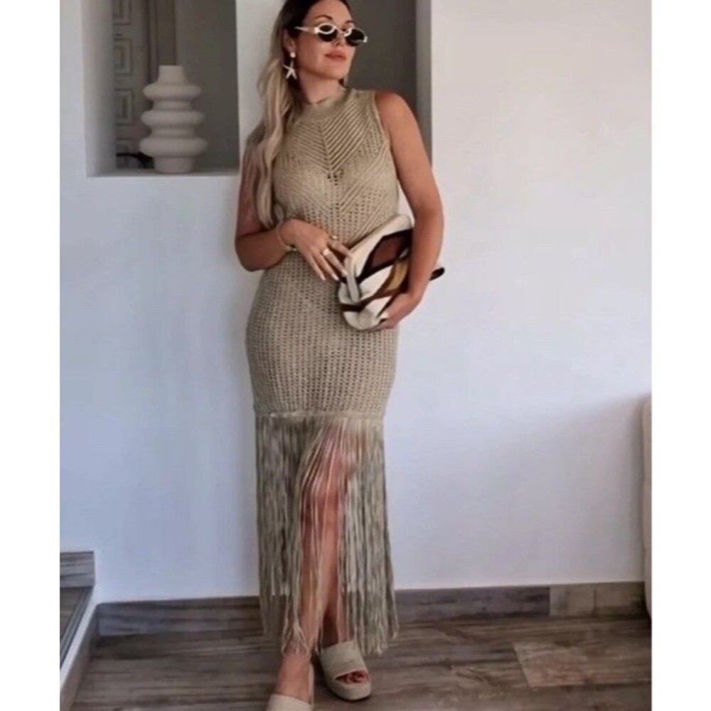 Zara METALLIC Crochet FRINGE LONG TOP Dress S GOLD NWT Flapper Festival Sparkly